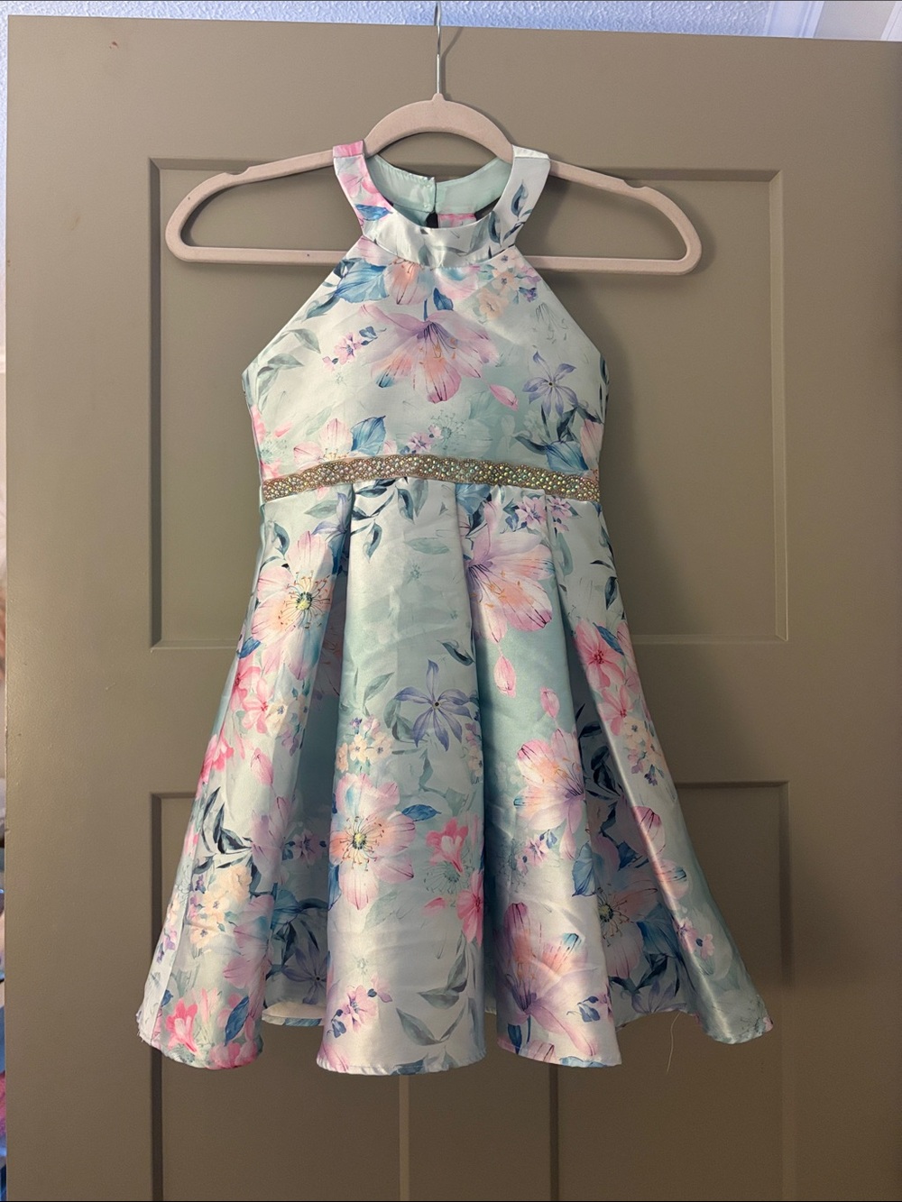 Rare Editions Mint Floral Halter Dress with Beaded Waist